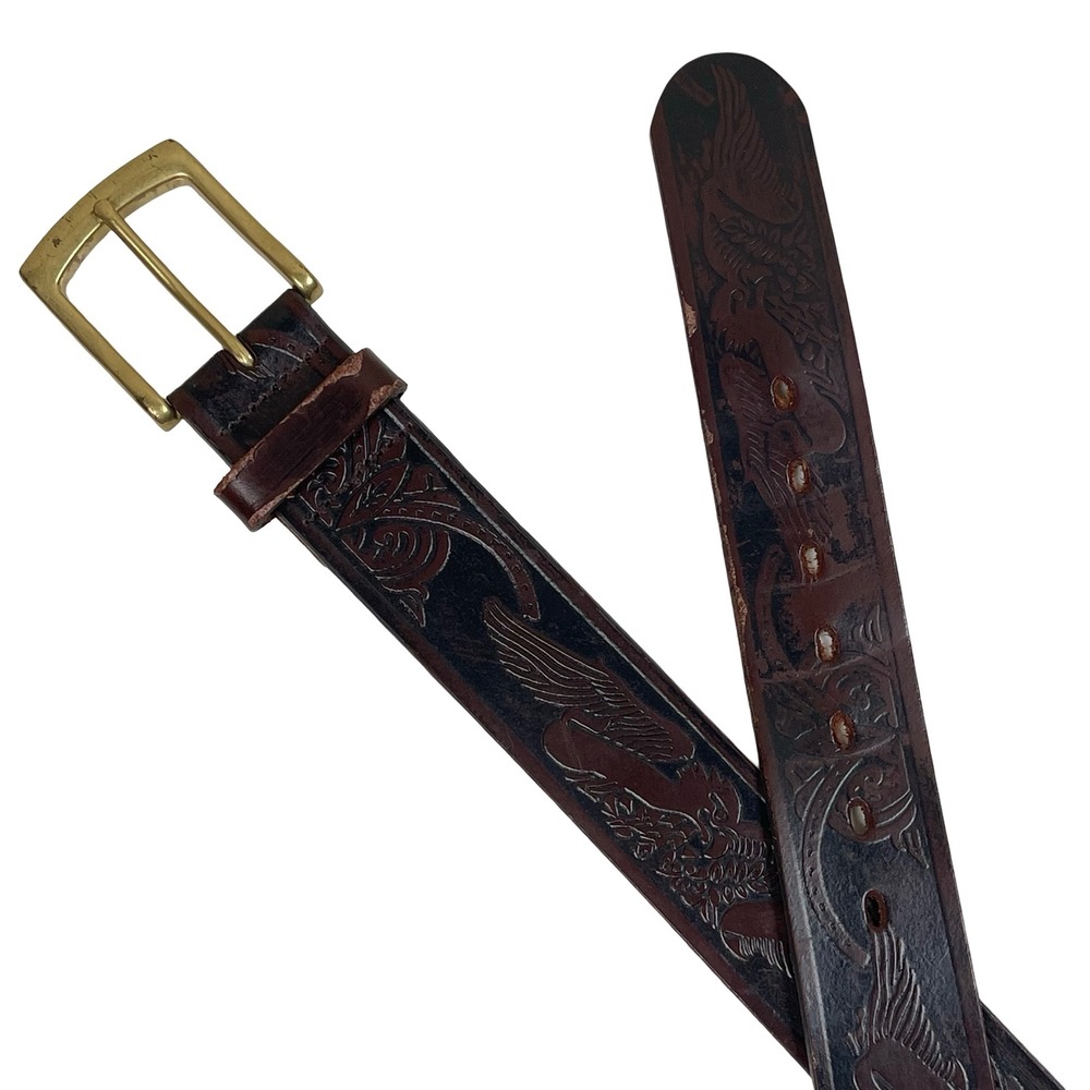 Wrangler Tooled Eagle Leather Belt Mens 34 Brown Brass Buckle Western Cowboy